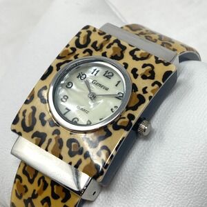 Geneva Womens Watch Leopard Print Silver Tone Cuff MOP New Battery SMALL 5.75"